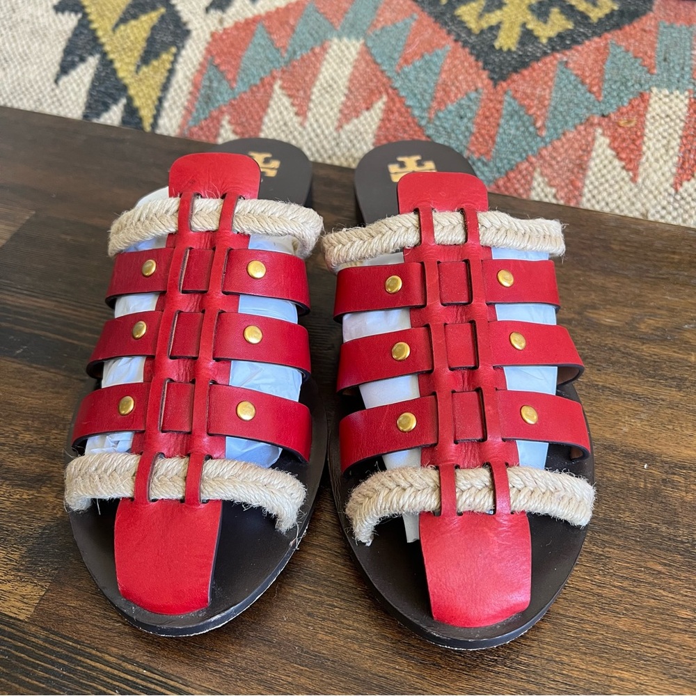 Tory Burch $398 Fisherman Sandals in Red Leather And Braided Jute US9